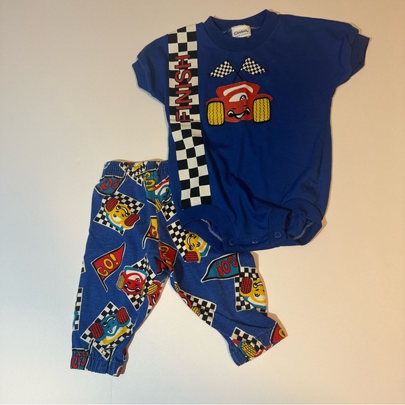 Vtg 90s Carter's Two Piece Smiley Race Car Blue Sz 12 Months Anthropomorphic - Picture 1 of 6